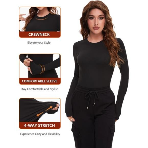 4 Pack Women’s Long Sleeve Basic Shirts Crew Neck Slim Fitted Compression Gym - Picture 4 of 7